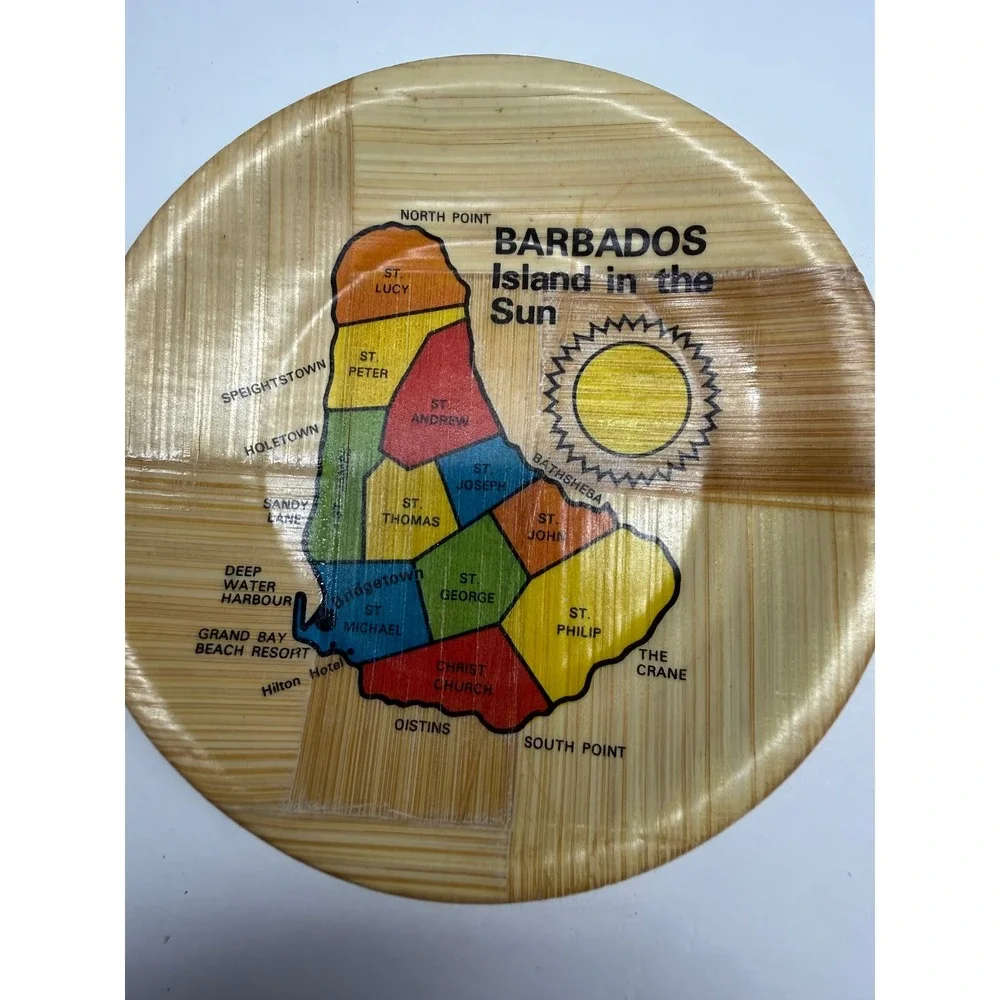 Vintage Barbados Island in the Sun Woven Bamboo Souvenir Map Plate 6 Inch